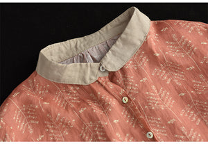 Áo sơ mi linen ngắn tay cổ pipi phối màu in những nhành cây - NU7506