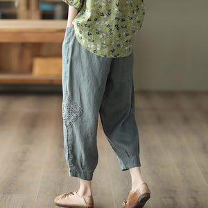 Quần baggy linen lưng thun thêu ren hai bên quần - NU7309
