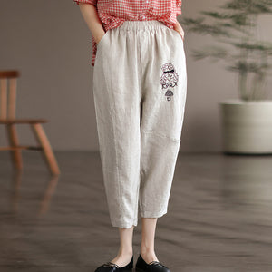 Quần baggy linen lưng thun thêu cô bé tóc xù - NU6830