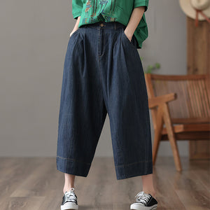 Quần baggy denim ống suông cạp cao hai túi chéo - NU7102
