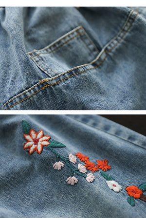 Chân váy denim lưng thun thêu những bông hoa một túi sau - NU8292