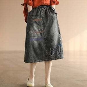 Chân váy denim lưng thun thêu hai chú mèo - V005