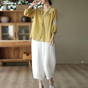 Áo sơ mi linen ngắn tay cổ V thêu hoa lá đối xứng - NU7526