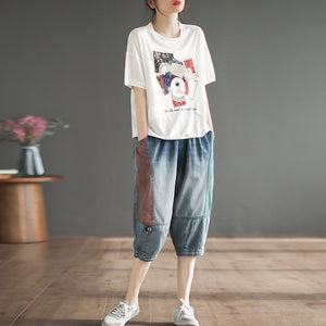 Áo T-shirt linen dệt kim ngắn tay cổ tròn in mặt chú gấu - NU8537
