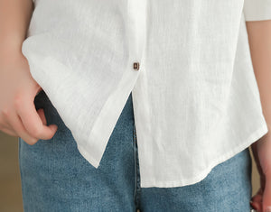 Áo sơ mi linen dài tay cổ đức thêu những chiếc lá - NU7483