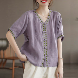 Áo sơ mi linen ngắn tay cổ V khuy tròn hoa văn thổ cẩm - NU6965