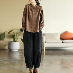 Áo sơ mi linen dài tay cổ tròn in hoa lá liti - NU8147