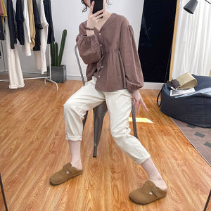 Áo sơ mi linen dài tay cổ V kiểu bo tay - NU8458