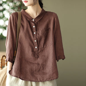 Áo sơ mi linen ngắn tay cổ đức khuy cài sát túi - NU5604
