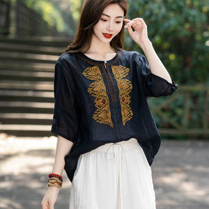 Áo sơ mi linen ngắn tay cổ tròn xẻ thêu đối xứng - NU8541