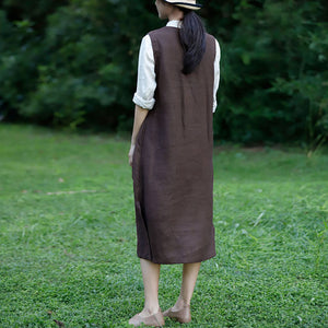 Đầm liền linen sát nách cổ V một màu - OD0623