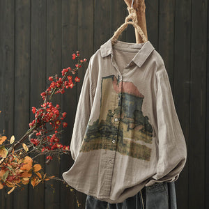 Áo sơ mi linen dài tay cổ đức in tranh đồng quê - NU8341