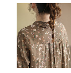 Áo sơ mi linen dài tay cổ đức xếp ly in hoa lá - NU8106