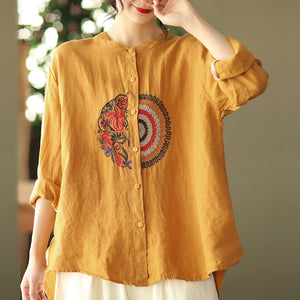 Áo sơ mi linen dài tay cổ tàu thêu hoa văn retro trước ngực - NU6708