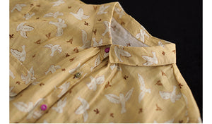 Áo sơ mi linen ngắn tay hai túi vuông in những chú chim - NU7433