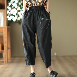 Quần baggy linen lưng thun ba túi thêu hoa lá - NU6815