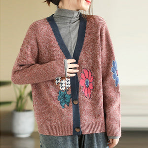 Áo khoác len cardigan dài tay cổ V móc những bông hoa - NU8065