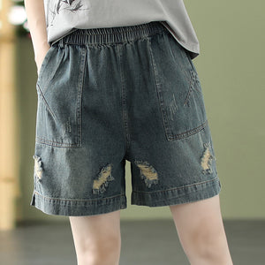 Quần sooc denim lưng thun túi vuông kiểu sờn rách - NU7119