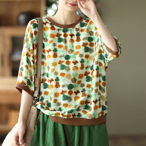 Áo T-shirt linen ngắn tay cổ tròn in hoa lá bo viền - A763