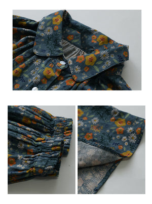 Áo sơ mi linen dài tay cổ pipi xếp ly in hoa liti  - NU6719