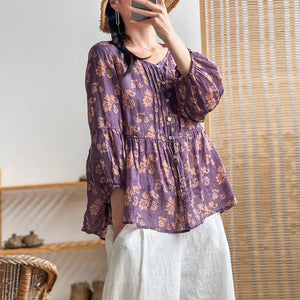 Áo sơ mi linen tay lửng cổ tròn xếp ly in hoa liti - NU7214