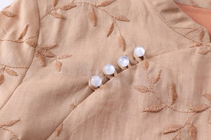 Đầm liền linen ngắn tay cổ đứng khuy lệch thêu hoa lá - NU8372