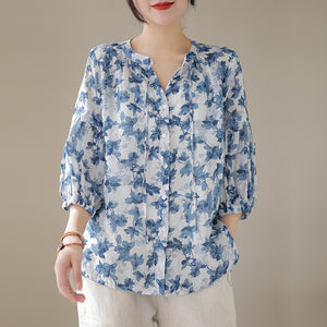Áo sơ mi linen tay lửng cổ tròn cột dây in hoa lá - NU8533