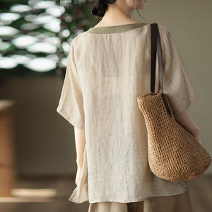Áo T-shirt linen ngắn tay cổ tròn thêu hoa lá gợn sóng - NU8528