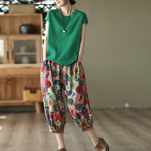 Quần baggy linen lưng thun dây rút in những bông hoa sắc màu - NU7489