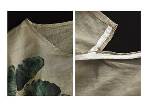 Áo T-shirt linen ngắn tay cổ V lệch tà in cỏ ba lá - NU7368