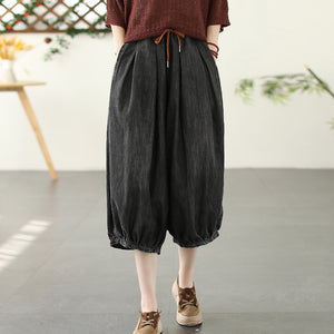 Quần baggy lửng denim lưng thun dây rút ống xếp ly - NU8600