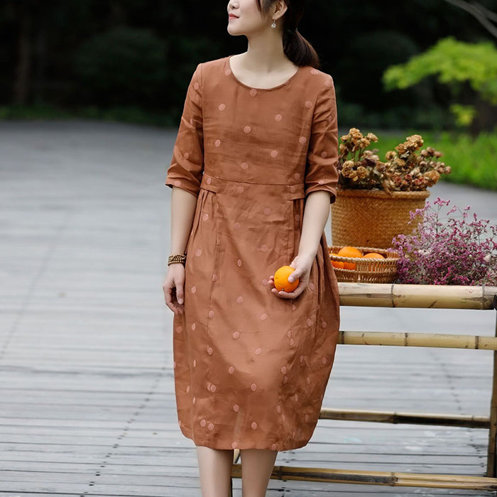 Đầm liền linen ngắn tay cổ tròn thêu những chấm tròn - OD0628