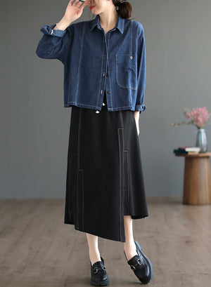 Áo khoác denim retro dài tay cổ đức một túi lớn - NU7713