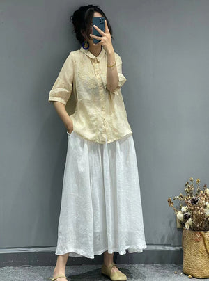 Áo sơ mi linen ngắn tay cổ pipi thêu những bông tuyết đối xứng - NU7182