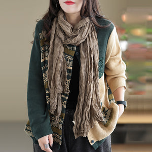 Áo khoác len cashmere dài tay cổ tròn hoa văn trừu tượng hai túi - NU7767