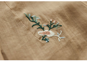 Áo sơ mi linen ngắn tay cổ đứng thêu hoa lá đối xứng hai bên - NU8531
