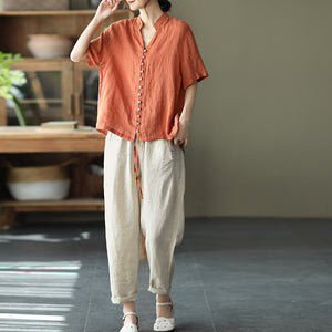 Áo sơ mi linen ngắn tay cổ đứng dây rút vạt áo - NU7016