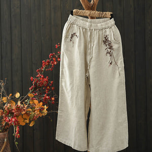 Quần baggy linen lưng thun dây rút ống rộng thêu hoa lá - NU8294