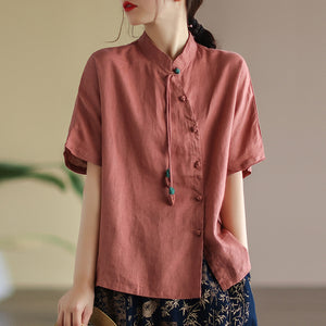 Áo sơ mi linen ngắn tay cổ đứng khuy tròn cài lệch - NU6918