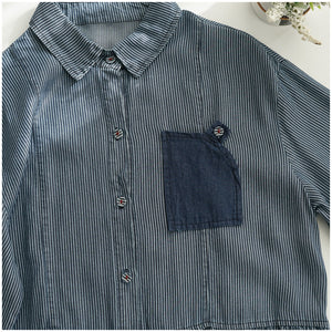Đầm liền sơ mi denim dài tay cổ đức form rộng một túi - NU8243