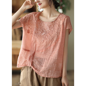 Áo T-shirt linen sát nách cổ tròn thêu hoa văn kiểu lệch tà - NU7297