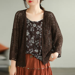 Áo khoác cardigan dệt kim ngắn tay thêu hoa lá - NU7550