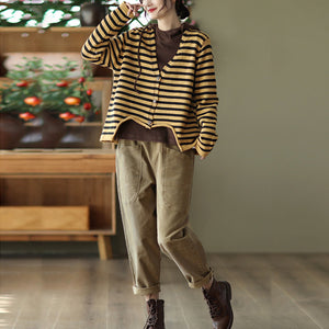 Áo khoác len cardigan dài tay cổ V kẻ sọc  - NU8053
