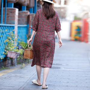 Đầm liền linen ngắn tay cổ tròn xếp ly in hoa liti - NU8275