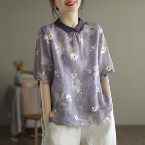 Áo sơ mi linen ngắn tay cổ pipi khuy cài sau in hoa lá - NU7407