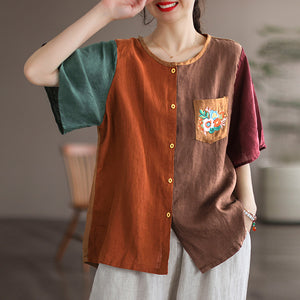 Áo sơ mi linen ngắn tay cổ tròn mảng màu thêu hoa trước túi - NU7053