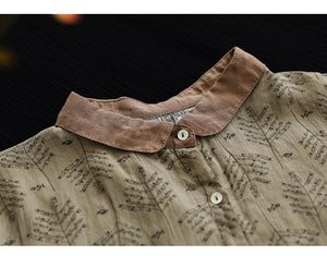 Áo sơ mi linen ngắn tay cổ pipi in hoa lá  - NU6834