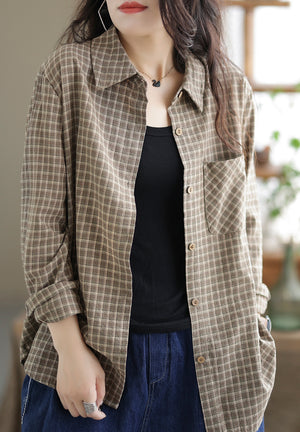 Áo sơ mi linen dài tay cổ đức kẻ sọc caro một túi vuông - NU7688
