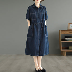 Đầm liền denim ngắn tay cổ đức hai túi vuông cột dây - NU8586