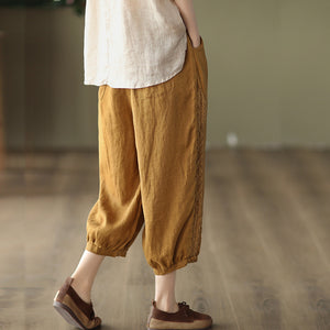 Quần baggy linen lưng thun dây rút thêu ren hai bên - NU7479
